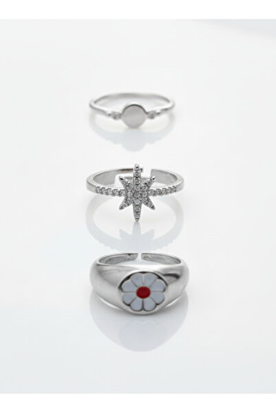 Ervalina مجموعة من 3 خواتم من الزركون على شكل عمود وزهرة الأقحوان