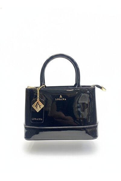 RK Elegant women's patent leather handbag with a gold name pendant and a long...