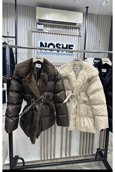 GKBUTİK Şişme mont kürklü kemer detaylı bej