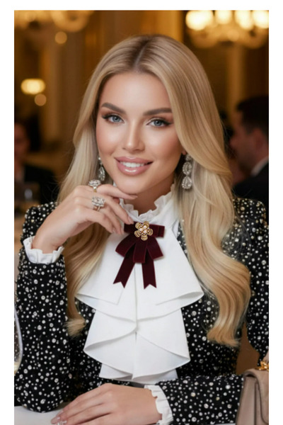 pegu baby collection BORDO KADİFE KURDELE İNCİLİ ÇİÇEKLİ YAKA BROŞ,PAPYON,KRA...
