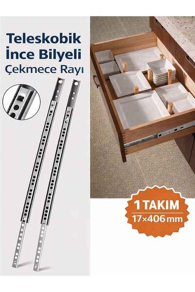 İMT AKSESUAR Teleskobik İnce Bilyeli Bilyalı Dolap Çekmece Rayı Sürgüsü 17*40...