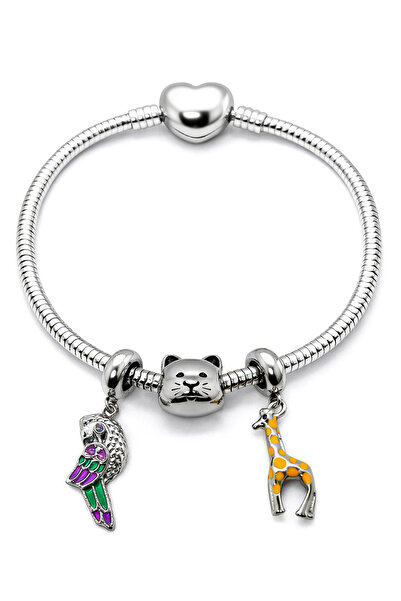 MakeWell Giraffe Parrot Cat Heart and Snake Chain Bracelet for Kids Steel Sta...
