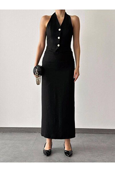 hillone Linen Back and Lace Detailed Vest Skirt Set Black