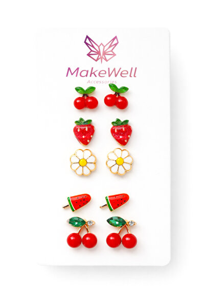 MakeWell أقراط للأطفال بتصميم الكرز والفراولة والبابونج والبطيخ، مجموعة أقراط...