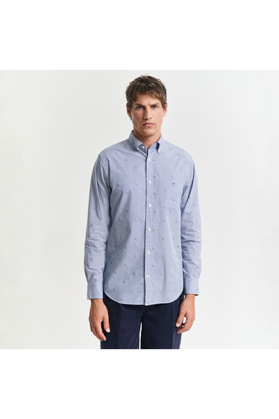 Gant Erkek Lacivert Regular Fit Düğmeli Yaka Çizgili Gömlek