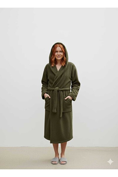 aydenahome HAKİ Wellsoft Peluş Kapşonlu Unisex Sabahlık