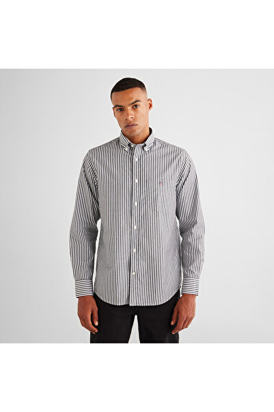 Gant Erkek Siyah Regular Fit Düğmeli Yaka Çizgili Poplin Gömlek