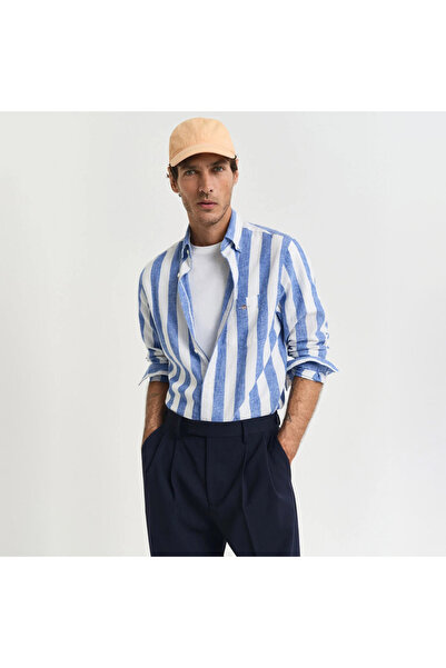 Gant Erkek Mavi Regular Fit Düğmeli Yaka Çizgili Gömlek