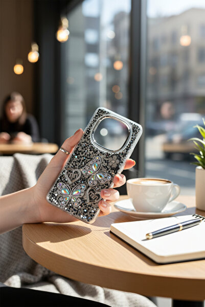 batuteknoloji Redmi Note 14 Pro Plus Kelebek ve Kalp Kabartmalı Simli Taşlı B...