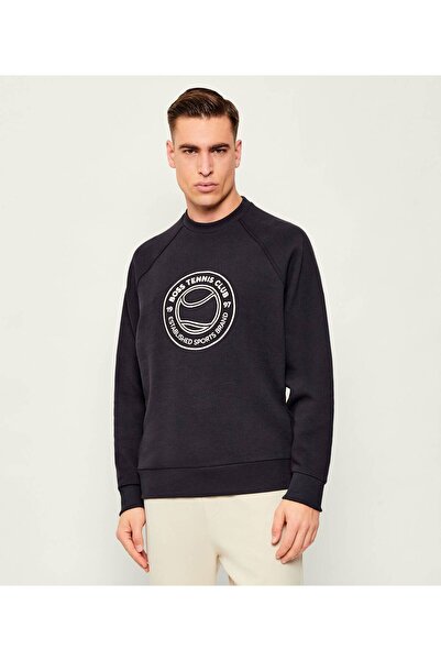 BOSS Men's Regular Fit Round Neck Textured Logo Embroidered Navy Blue Sweatsh...