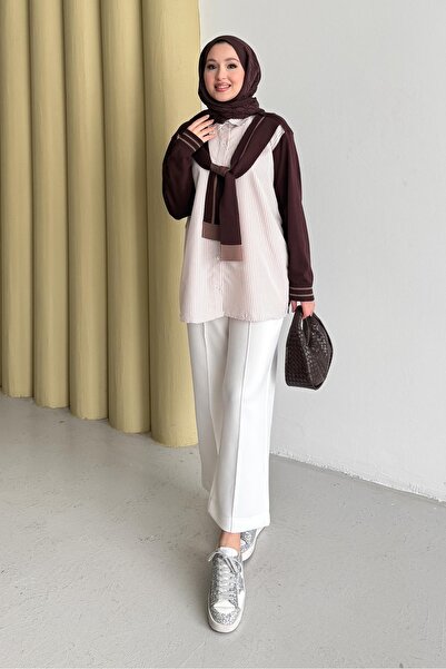 Rimel Moda Çizgili Atkılı Gömlek Kahverengi