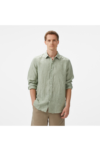 Nautica Erkek Yeşil Classic Fit Çizgili Keten Gömlek