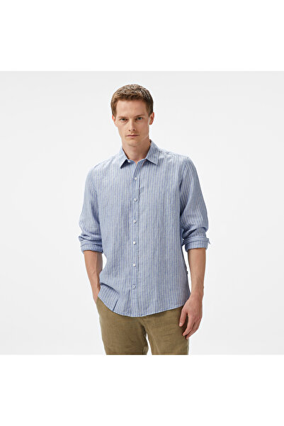 Nautica Erkek Mavi Classic Fit Çizgili Keten Gömlek