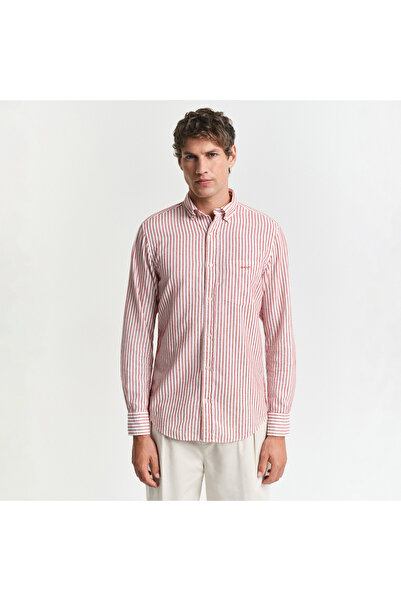 Gant Erkek Kırmızı Regular Fit Düğmeli Yaka Çizgili Gömlek