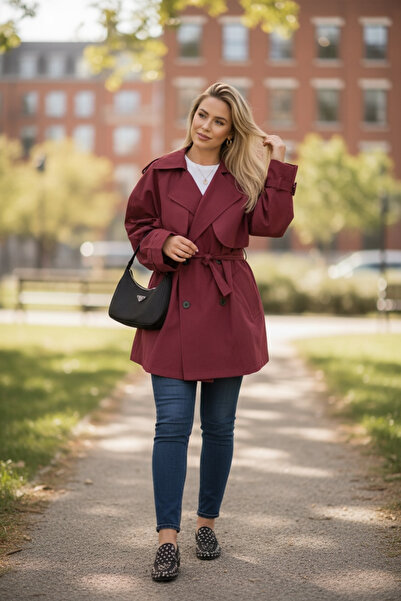 Bibedenstil Kadın bordo oversize rahat kalıp düğmeli kuşaklı trençkot