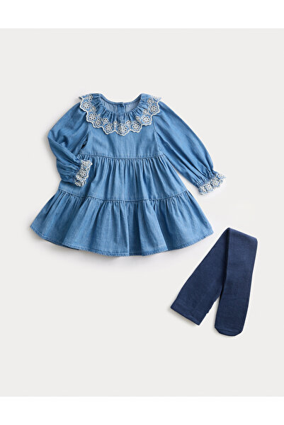 Marks & Spencer Saf Pamuk Denim Elbise ve Külotlu Çorap Takımı