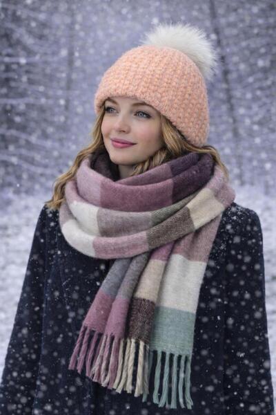 kuru Set de iarnă premium: beretă + șal lat tip boucle |   Moale, cald, la mo...