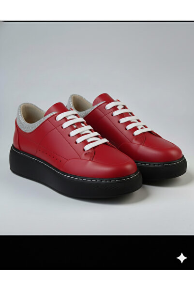 POOMA Red Genuine Leather Women's Casual Sneakers