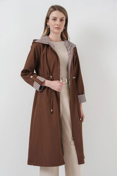 nedo7 9091 Gathered Waist Hooded Trench Coat - M. Brown