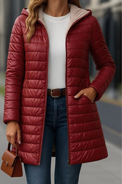 nedo7 Women's Long Sleeve Hooded Pocket Detailed Zippered Medium Length Coat