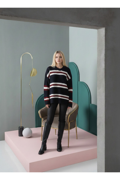 SEVİM TRİKO Women's Striped Oversize Crew Neck Knitwear Sweater
