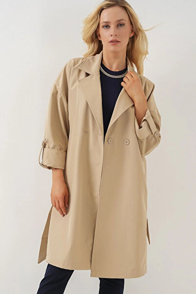 nedo7 9104 Double Breasted Collar Lined Trench Coat - Beige