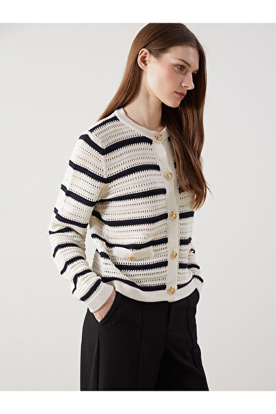 LC Waikiki Vizyon New Season Crew Neck Striped Women's Knitwear Cardigan