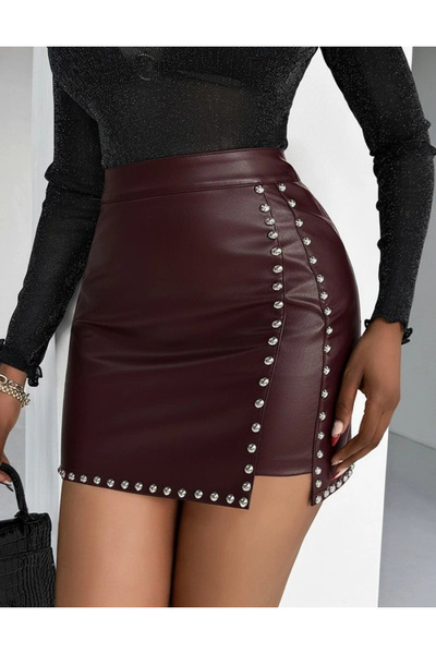 nedo7 Women's High Waisted Side-Studded Mini Leather Skirt