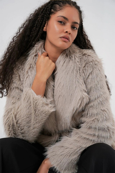 nedo7 Belted Oversized Fur Coat 9156 - Stone