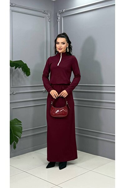Cannes Duru Half Zipper Mock Neck Burgundy Maxi Dress - Sporty Stylish Two Pi...