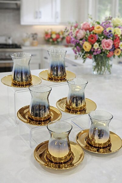 isra kristal طقم شاي زجاجي ذهبي فاخر مكون من 6 قطع - طقم أكواب وصحون أنيق - ط...