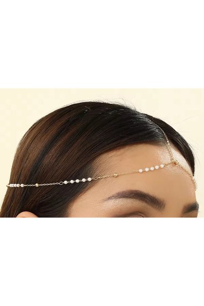Shiklik Lanț de păr detaliat pentru femei, cu perle și mărgele colorate - Accesoriu pentru coafură