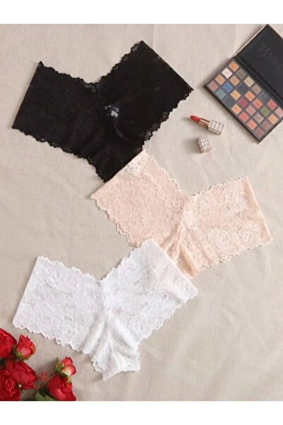 YILTER Kadın Siyah Beyaz Kırmızı 3'lü Paket Dantel Tanga Şort Külot