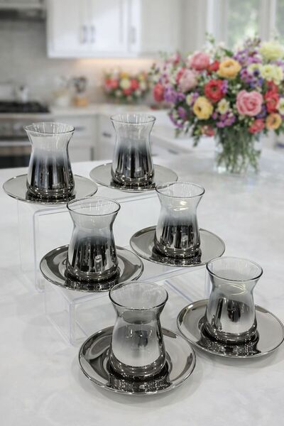 isra kristal طقم شاي فاخر من الزجاج الفضي مكون من 6 قطع - طقم أكواب وصحون أني...