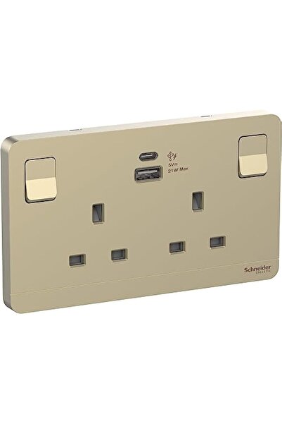 Schneider Electric 21W type A+C 2 Gang 13A Avataron Switched Socket with USB ...