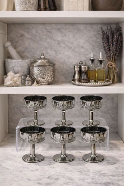 isra kristal 6’lı Gümüş Ayaklı Lokumluk & Şekerlik Seti – Şık Sunum ve Reçellik