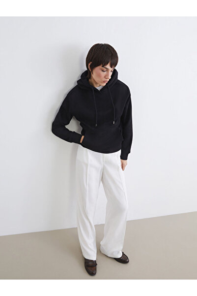 LC Waikiki Μαύρο Oversize Γυναικείο Χοντρό Φούτερ με Κουκούλα