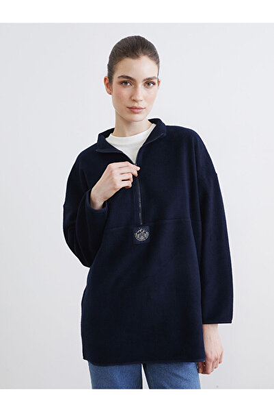 LC Waikiki Lacivert Baskılı Oversize Kadın Pelüş Sweatshirt Tunik