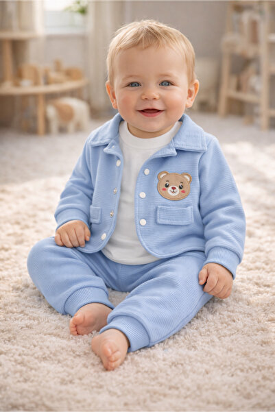 Bebişto Teddy Bear Embroidered Jacket Baby Set 100% Cotton Blue Set of 3 (Bod...