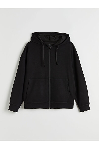 LC Waikiki Black Hooded Soft Touch Women's Zippered Sweatshirt