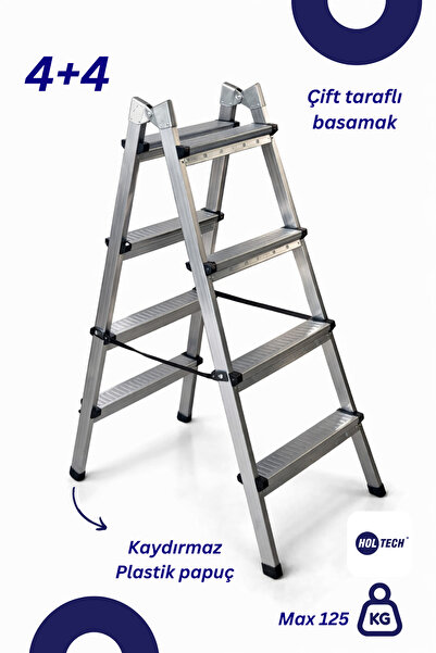 HOLTECH Metal Çift Taraflı Dayanıklı Merdiven 4+4 Katlanabilir Çift Basamaklı