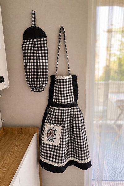 Parla Life Siyah Pötikare Kanaviçeli Mutfak Önlüğü x Poşetlik