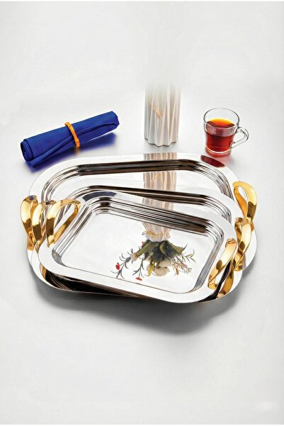 ÖZLİFE Koza 1 Piece Tea Tray Medium Size Plain Gold