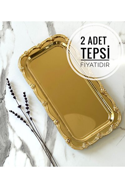 Melinda 2 Adet Fiore Dikdörtgen Tepsi Gold-Gold Paslanmaz Çelik Çay Kahve Ser...