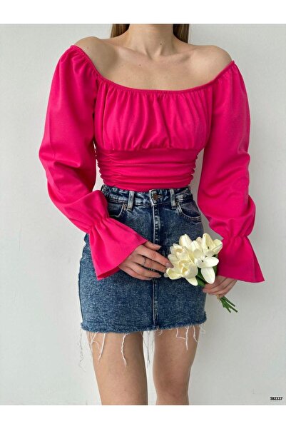 Modafeminen Stretchy Crepe Fabric Sleeves Flounce Strapless Neckline Crop Blo...