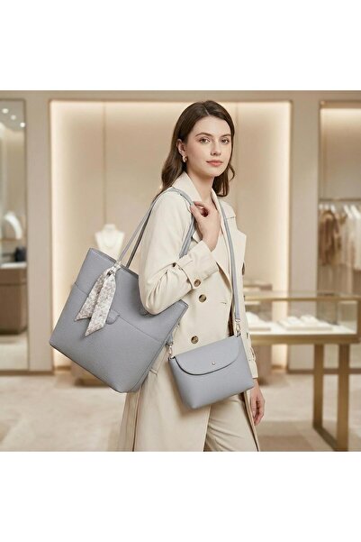 Nas Bag مجموعة حقائب كتف نسائية كبيرة الحجم مكونة من قطعتين باللون الرمادي لوبيز