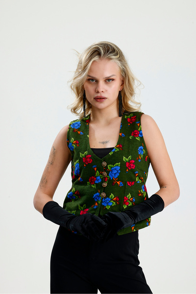 İna Vintage Floral Patterned Flannel Khaki Winter Vest