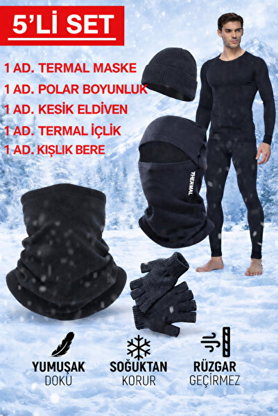 RDK Giyim 5-Piece Winter Set: Thermal Mask, Fleece Neck Gaiter, Cut-Out Glove...