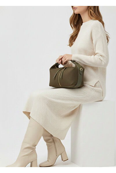 Çanta Trend Khaki Color Suede Women's Hand and Shoulder Bag with Gold Accesso...