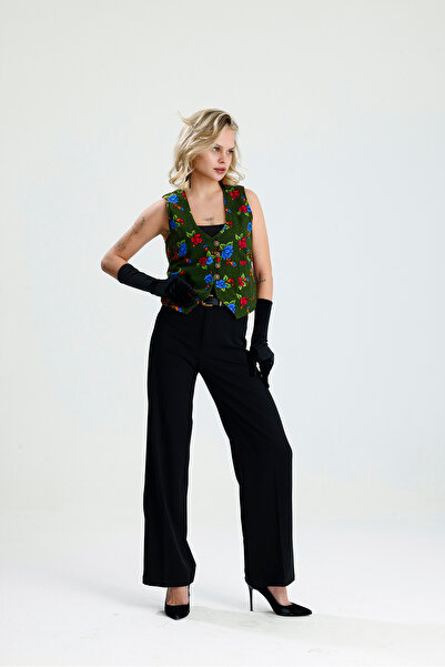 İna Vintage Çiçek Desenli Pazen Haki Kışlık Yelek